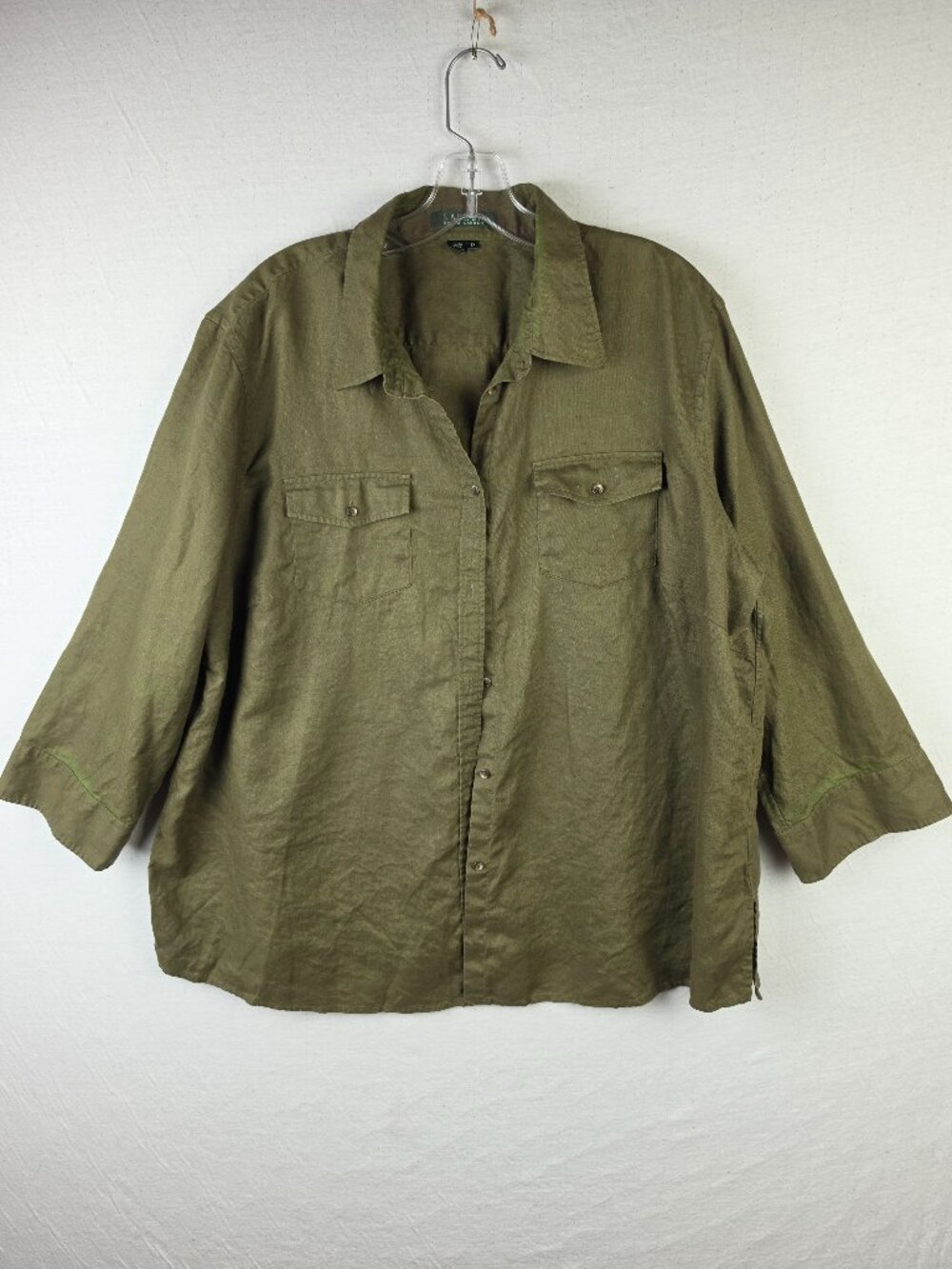 LAUREN Ralph Lauren 100% Linen Shirt Tunic Button-Up Olive Army Green size 2X